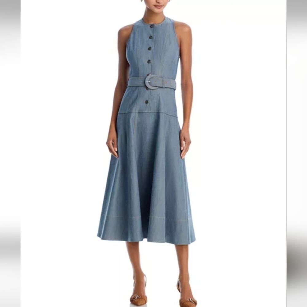 cinq a sept Blue Sleeveless Button Midi Dress with Belt